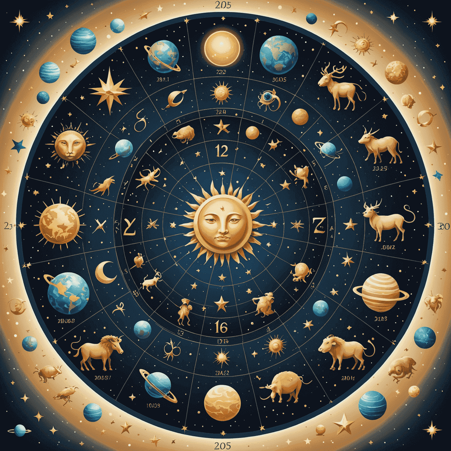 Ilustración de los 12 signos del zodíaco dispuestos en un círculo con el año 2025 en el centro, rodeado de estrellas y planetas.