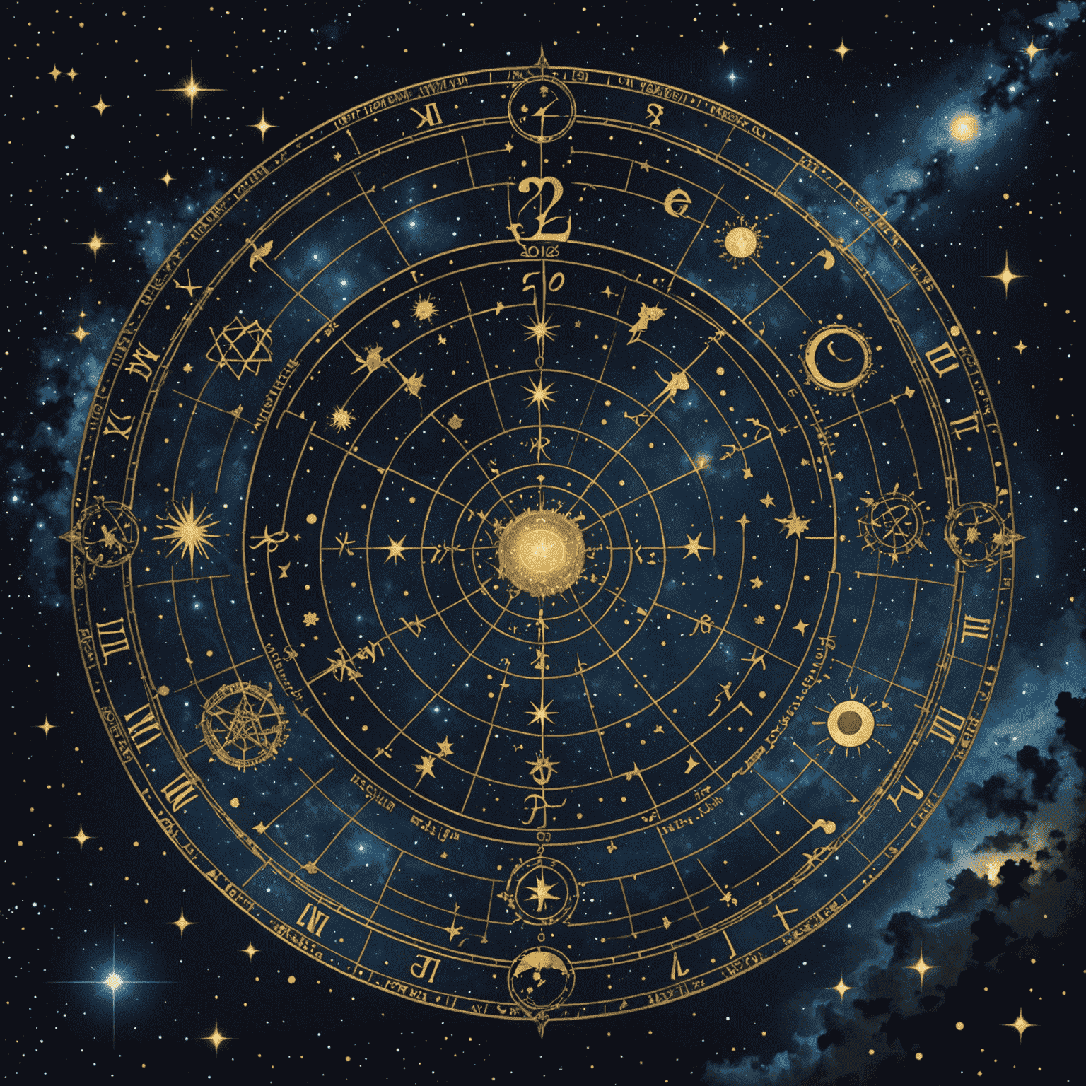 Imagen de un cielo nocturno estrellado con constelaciones y símbolos numerológicos superpuestos, representando la fusión de la astrología y la numerología para el año 2025