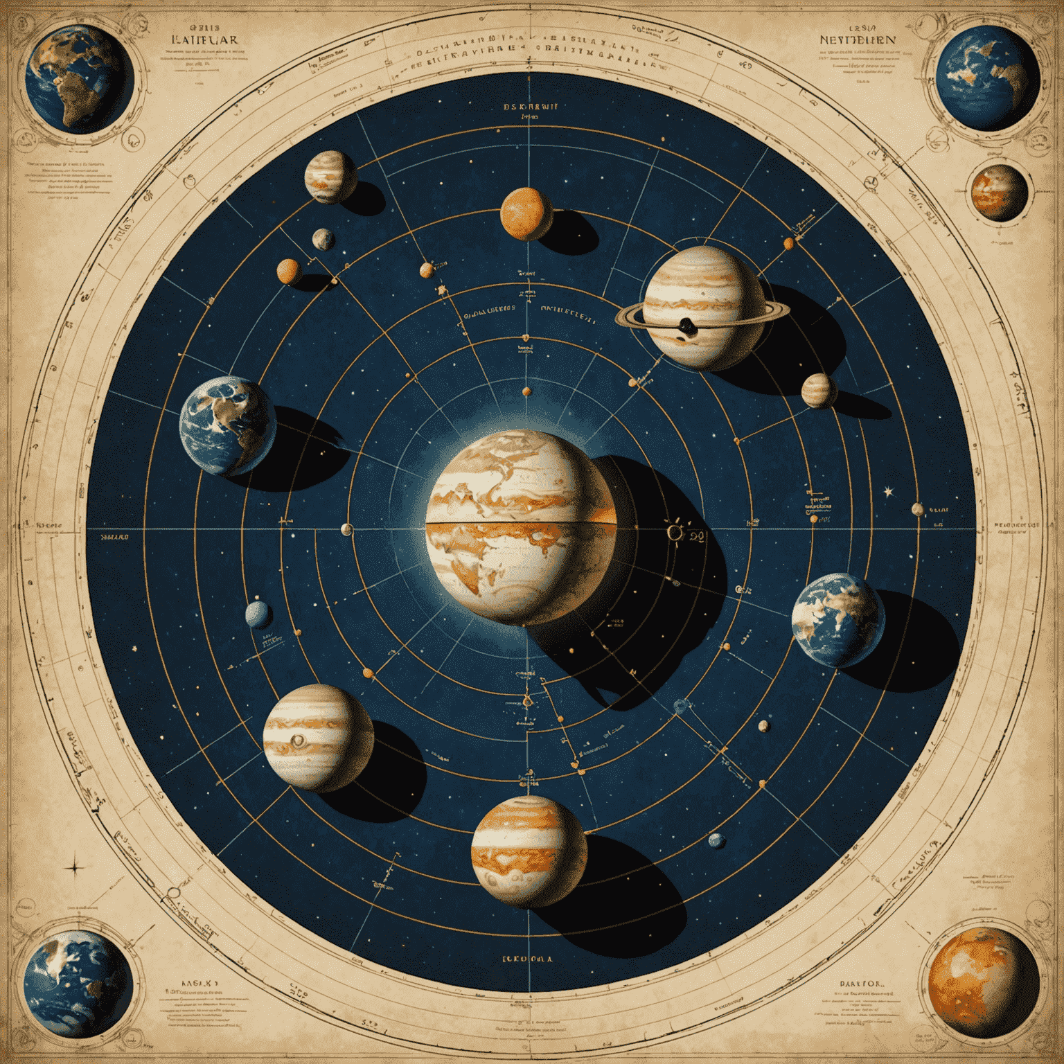 Mapa celeste mostrando la alineación de planetas en 2025, con líneas conectando los cuerpos celestes